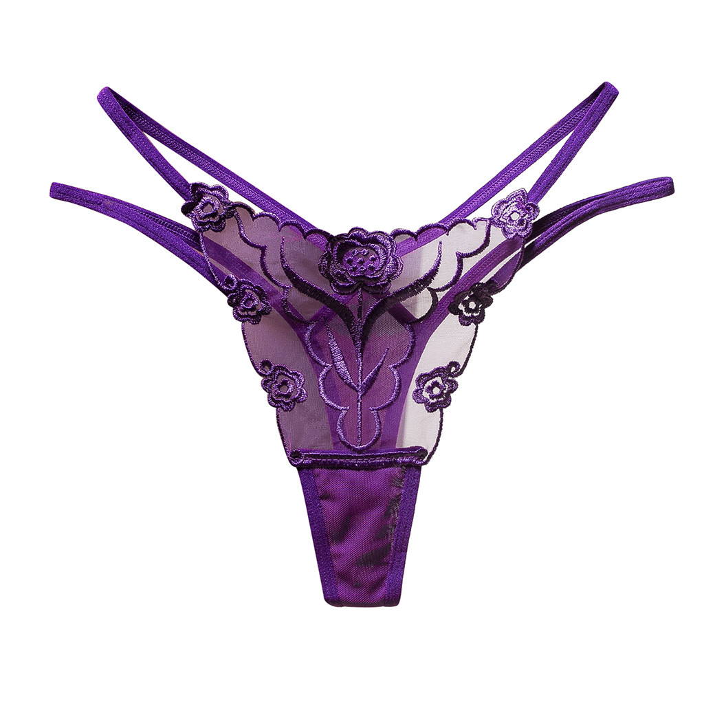 Sexy Embroidery Lace G-String Solid Color Flower Print Thongs Seamless Open Crotch T Back Embroidery Lingerie For Ladies