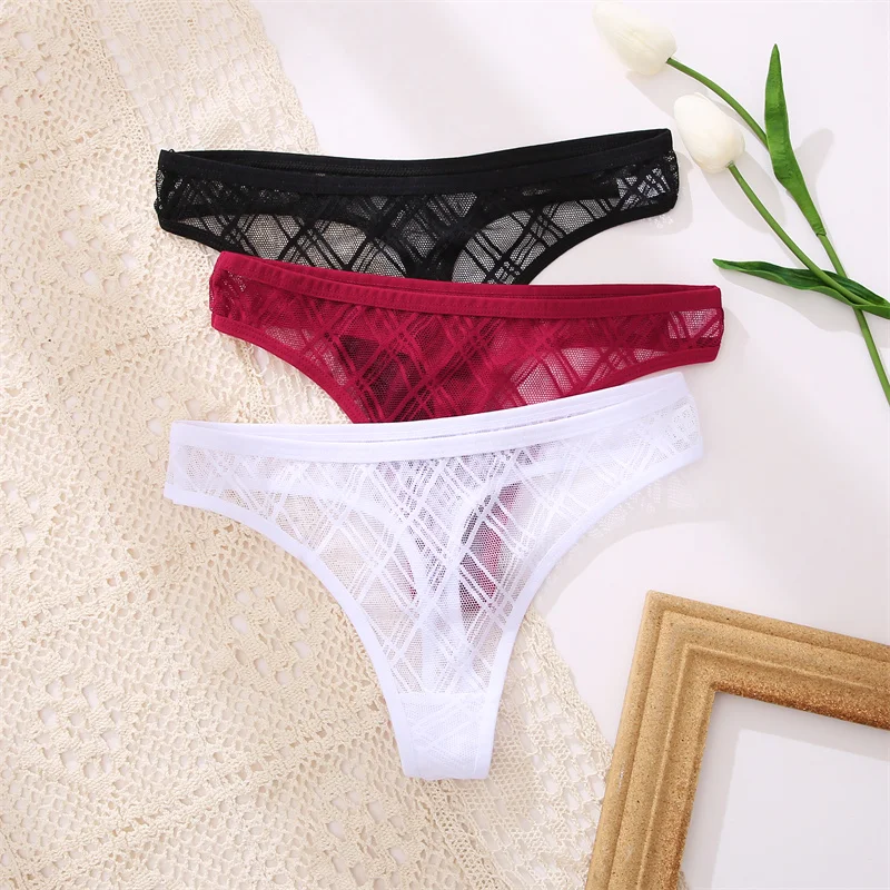 3PCS/Set M-XL G-string Panties Perspective Women Underwear Sexy Low-Waist Female Underpants Thong Solid Color Panties Lingerie