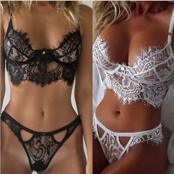 Sexy Lace Bra Bralette Ladies Soft Lingerie Push Up Bra Brief Set Women Deep V Cross Back Transparent G-string Sheer Tanks Camis