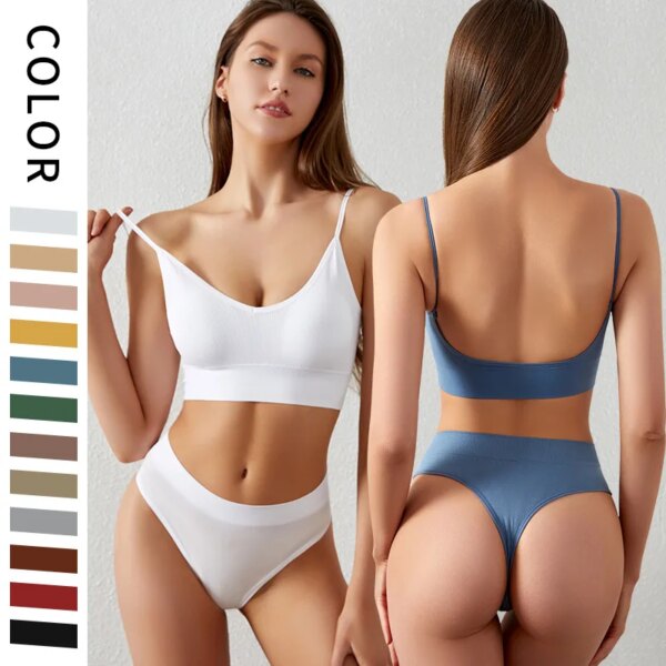 New Women Seamless Bra Set Sexy Thong Low Waist Panties Wire Free Bra Bralette Lingerie Brassiere Cotton Female Underwear Set