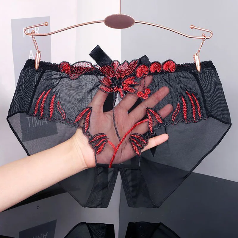 Sexy Women’s Lace Panties Full Transparent Embroidered Open Crotch Thongs Ladies Briefs Underwear Sweet Temptation Sex Lingerie