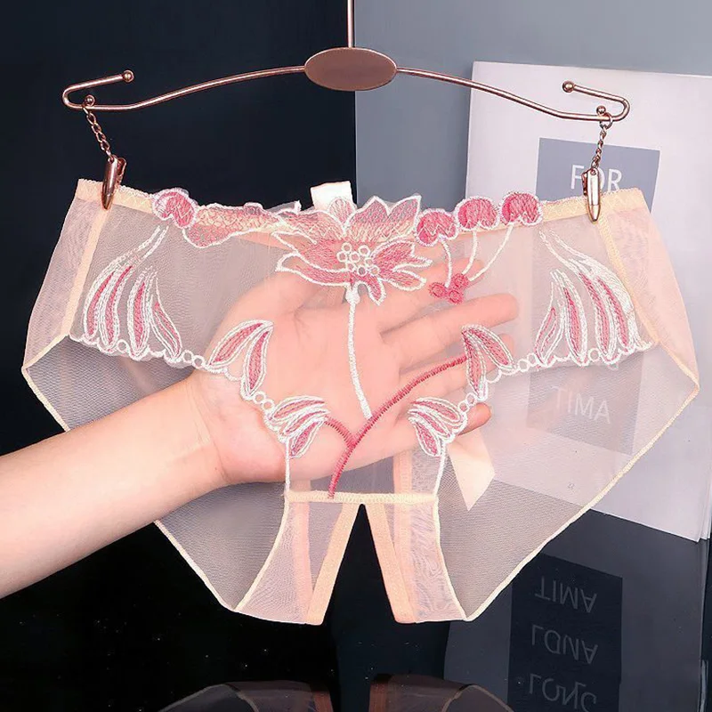 Sexy Women’s Lace Panties Full Transparent Embroidered Open Crotch Thongs Ladies Briefs Underwear Sweet Temptation Sex Lingerie