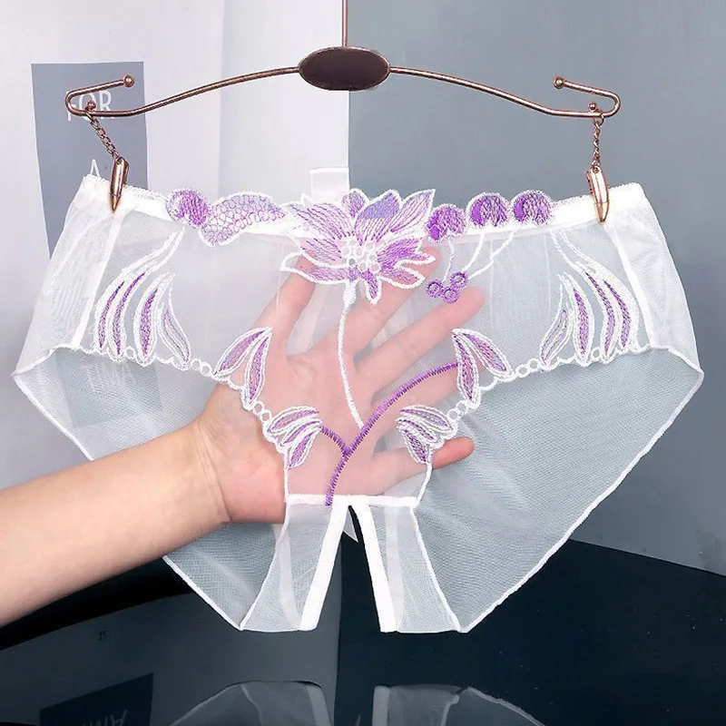 Sexy Women’s Lace Panties Full Transparent Embroidered Open Crotch Thongs Ladies Briefs Underwear Sweet Temptation Sex Lingerie