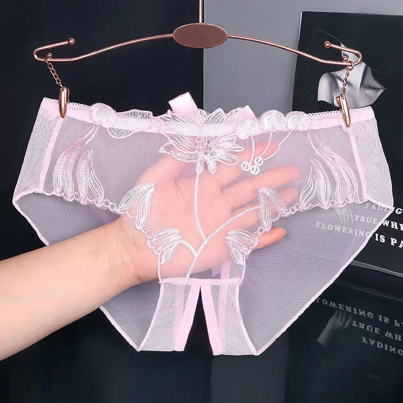 Sexy Women’s Lace Panties Full Transparent Embroidered Open Crotch Thongs Ladies Briefs Underwear Sweet Temptation Sex Lingerie