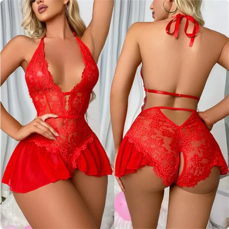 Sexy Crotchless Lingerie Women Lace Hollow Bodysuit Erotic Pajamas Teddy Babydoll Dress Deep V Open Bra Underwear Set Sexy Crotchless Lingerie Women Lace Hollow Bodysuit Erotic Pajamas Teddy Babydoll Dress Deep V Open Bra Underwear Set