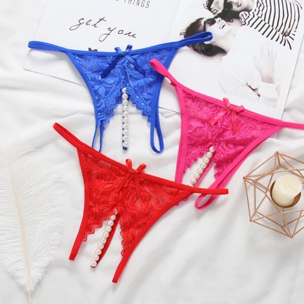 Plus Size Lace Panties For Sex Open Crotch Briefs With Pearls Women Thongs And G strings Sexy Transparent Lingerie Underwear