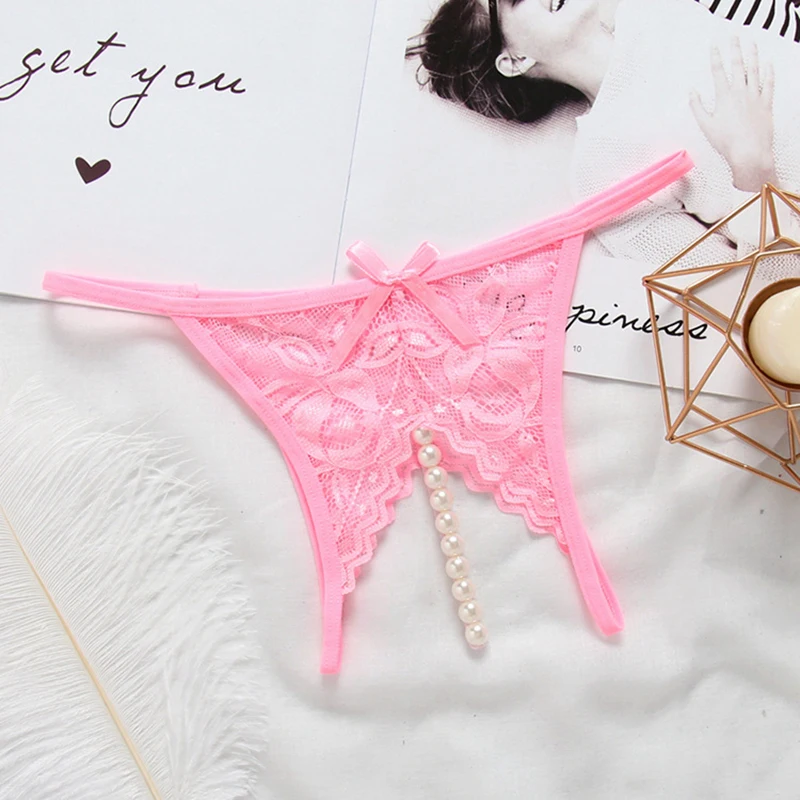 Plus Size Lace Panties For Sex Open Crotch Briefs With Pearls Women Thongs And G strings Sexy Transparent Lingerie Underwear