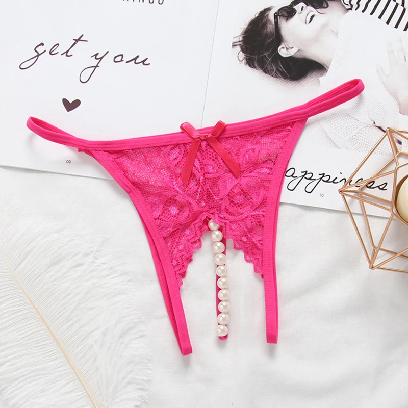 Plus Size Lace Panties For Sex Open Crotch Briefs With Pearls Women Thongs And G strings Sexy Transparent Lingerie Underwear