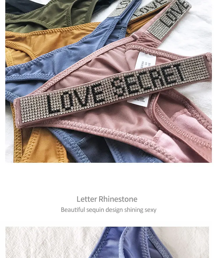 Sexy Women Pantie Crystal Rhinestone Letter Secret Underwear Fitness Gym Love Thongs Low Rise Tanga Female Push Up Lingerie