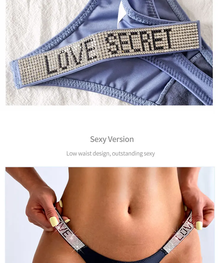 Sexy Women Pantie Crystal Rhinestone Letter Secret Underwear Fitness Gym Love Thongs Low Rise Tanga Female Push Up Lingerie
