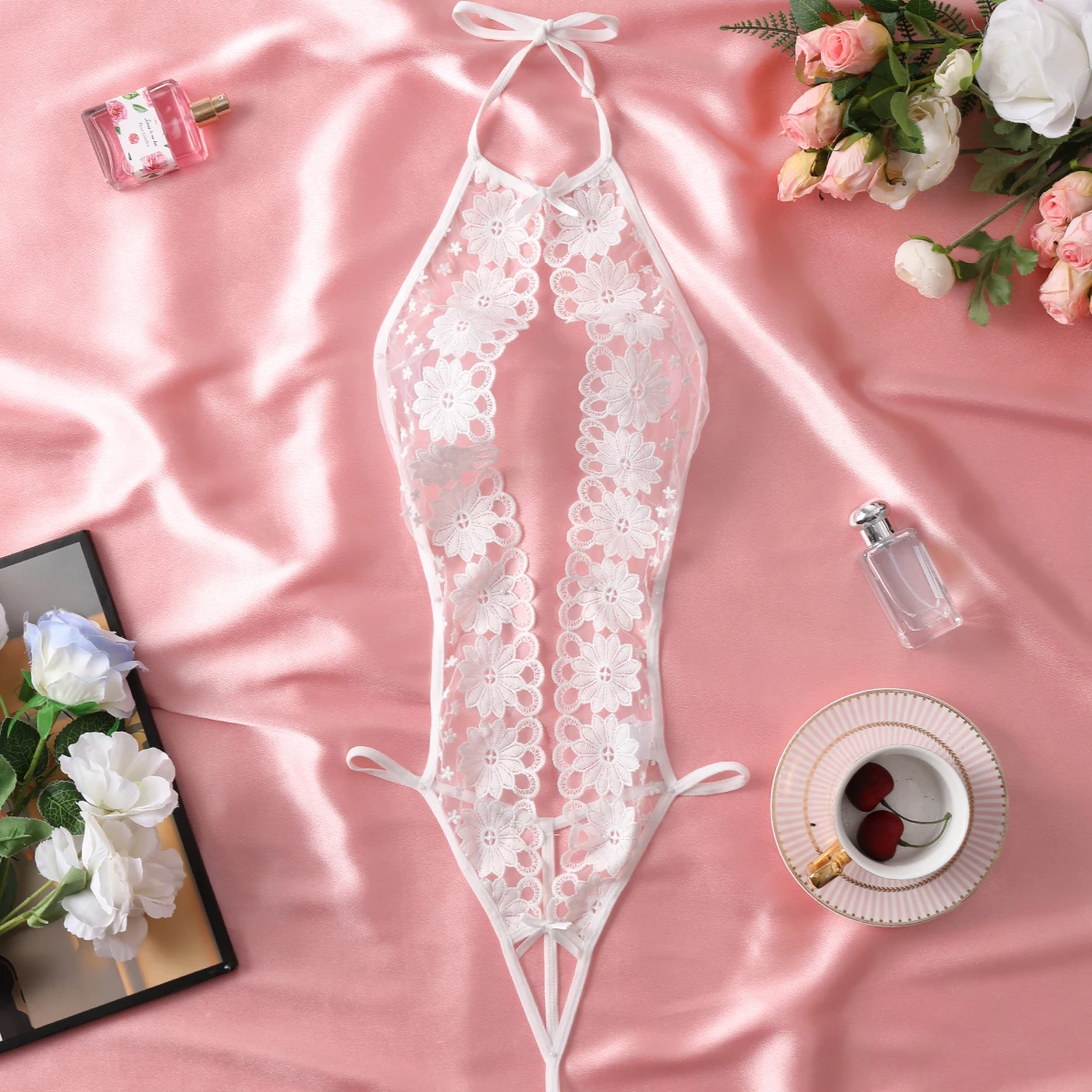 Women's Fancy Sexy Lingerie White Open Bra Hot Teddy Hollow Out Halter Backless Bodysuit Floral Embroidery Crotchless Underwear Women's Fancy Sexy Lingerie White Open Bra Hot Teddy Hollow Out Halter Backless Bodysuit Floral Embroidery Crotchless Underwear