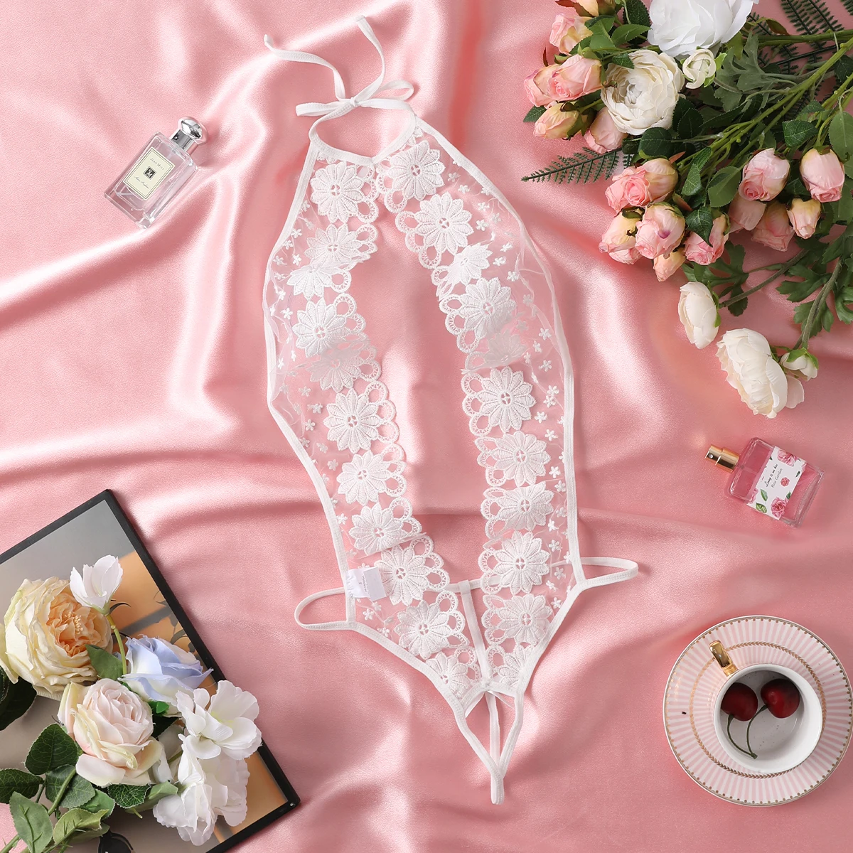 Women's Fancy Sexy Lingerie White Open Bra Hot Teddy Hollow Out Halter Backless Bodysuit Floral Embroidery Crotchless Underwear Women's Fancy Sexy Lingerie White Open Bra Hot Teddy Hollow Out Halter Backless Bodysuit Floral Embroidery Crotchless Underwear