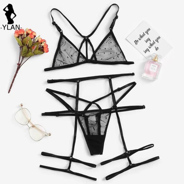 Women Lingerie Sexy Bra Thongs Garters Set Polka Dot Mesh Underwear Set Porn Sex Costumes Transparent Lace Lingerie Exotic Set