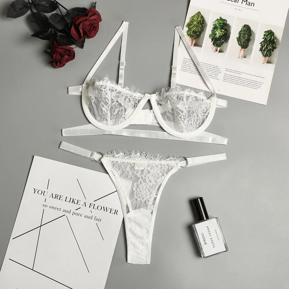Lingerie Woman Lace Transparent Underwear Fairy Embroidery Brief Sets Delicate Bra Kit Push Up Breves Sets Womens Lingerie Set