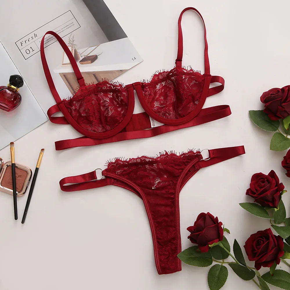 Lingerie Woman Lace Transparent Underwear Fairy Embroidery Brief Sets Delicate Bra Kit Push Up Breves Sets Womens Lingerie Set