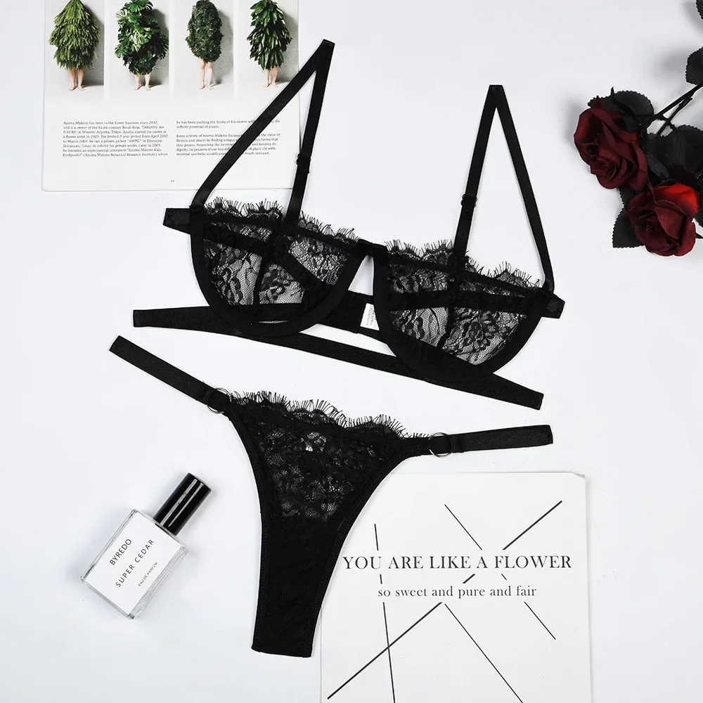 Lingerie Woman Lace Transparent Underwear Fairy Embroidery Brief Sets Delicate Bra Kit Push Up Breves Sets Womens Lingerie Set