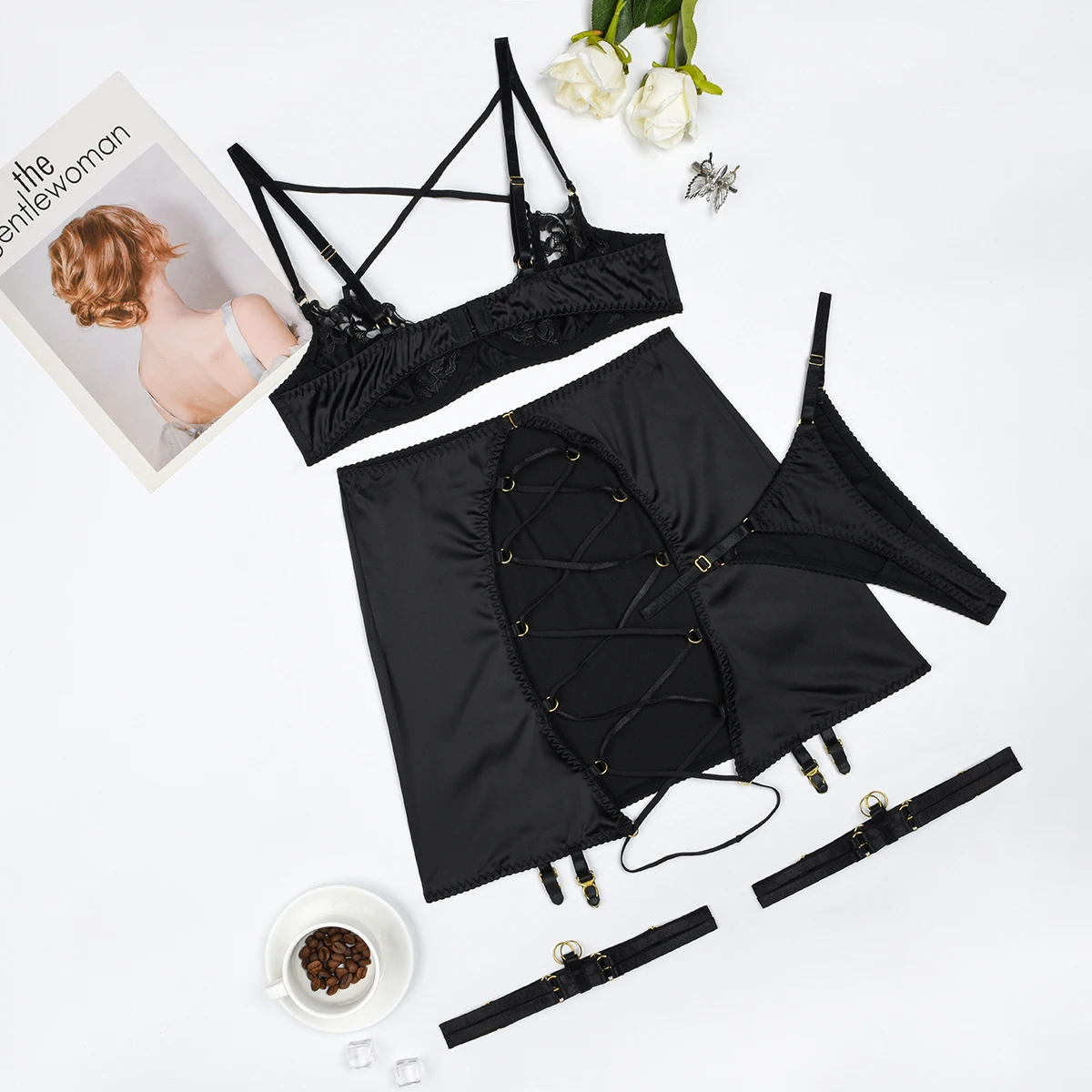 Ellolace Fancy Lingerie Cross Bra Push Up Underwear Bandage Garter Luxury Lace Brief Sets Exotic Intimate Sensual Sexy Outfit