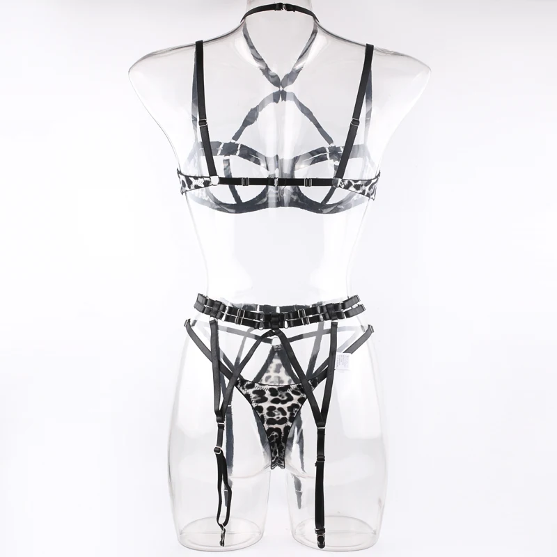 Yimunancy Leopard Bandage Lingerie Set Women Vintage Halter 3-Piece Sexy Erotic Set Cut Out Brief Kit Yimunancy Leopard Bandage Lingerie Set Women Vintage Halter 3-Piece Sexy Erotic Set Cut Out Brief Kit