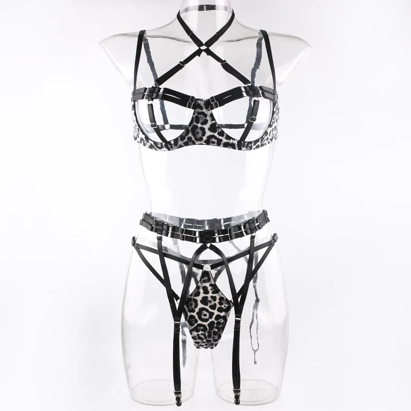 Yimunancy Leopard Bandage Lingerie Set Women Vintage Halter 3-Piece Sexy Erotic Set Cut Out Brief Kit Yimunancy Leopard Bandage Lingerie Set Women Vintage Halter 3-Piece Sexy Erotic Set Cut Out Brief Kit