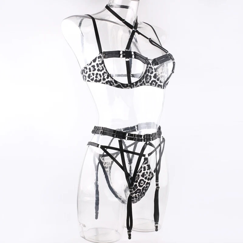 Yimunancy Leopard Bandage Lingerie Set Women Vintage Halter 3-Piece Sexy Erotic Set Cut Out Brief Kit Yimunancy Leopard Bandage Lingerie Set Women Vintage Halter 3-Piece Sexy Erotic Set Cut Out Brief Kit