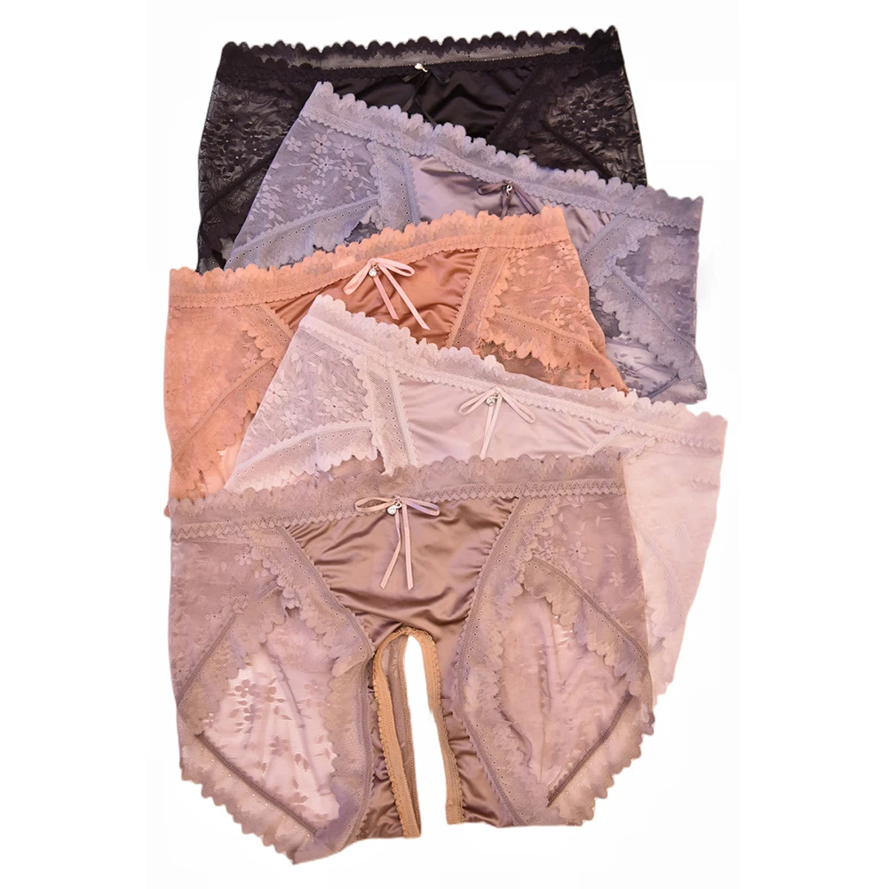 Women Sexy Briefs Lace Oil Shiny Satin Panties Open Crotch Underwear Ultra-thin Sheer Transparent Lingerie Erotic Knickers