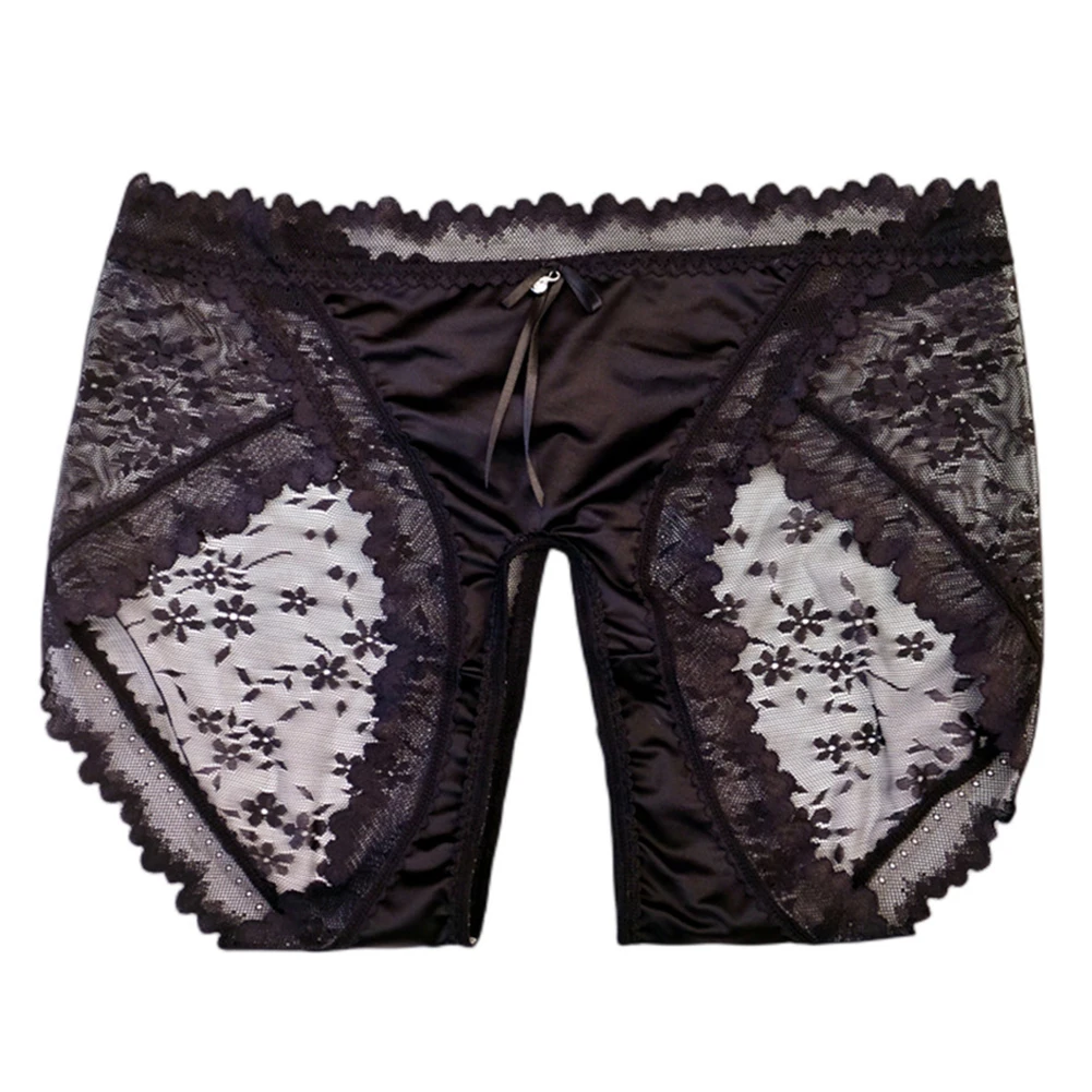Women Sexy Briefs Lace Oil Shiny Satin Panties Open Crotch Underwear Ultra-thin Sheer Transparent Lingerie Erotic Knickers
