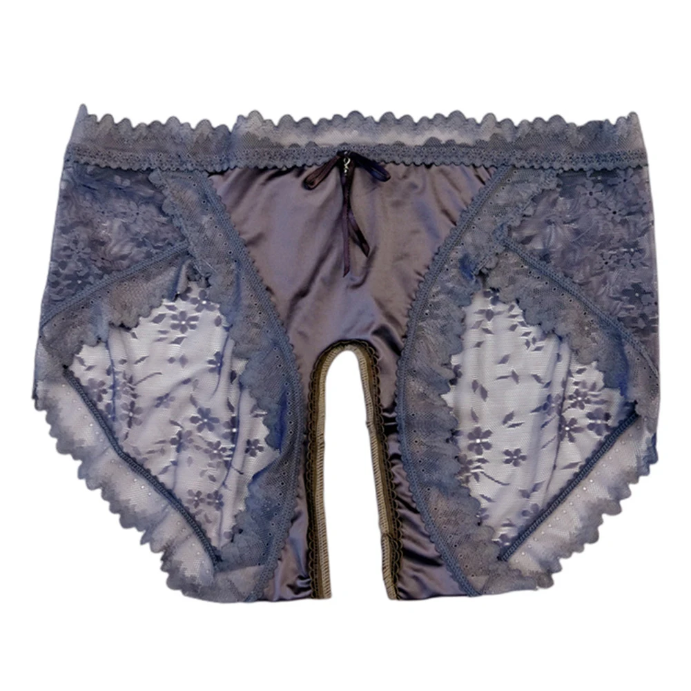 Women Sexy Briefs Lace Oil Shiny Satin Panties Open Crotch Underwear Ultra-thin Sheer Transparent Lingerie Erotic Knickers