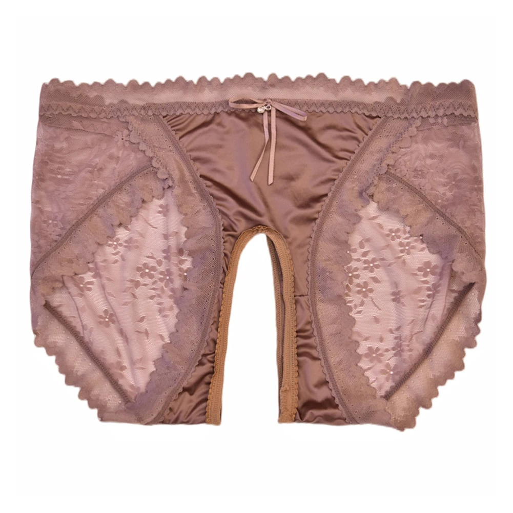 Women Sexy Briefs Lace Oil Shiny Satin Panties Open Crotch Underwear Ultra-thin Sheer Transparent Lingerie Erotic Knickers