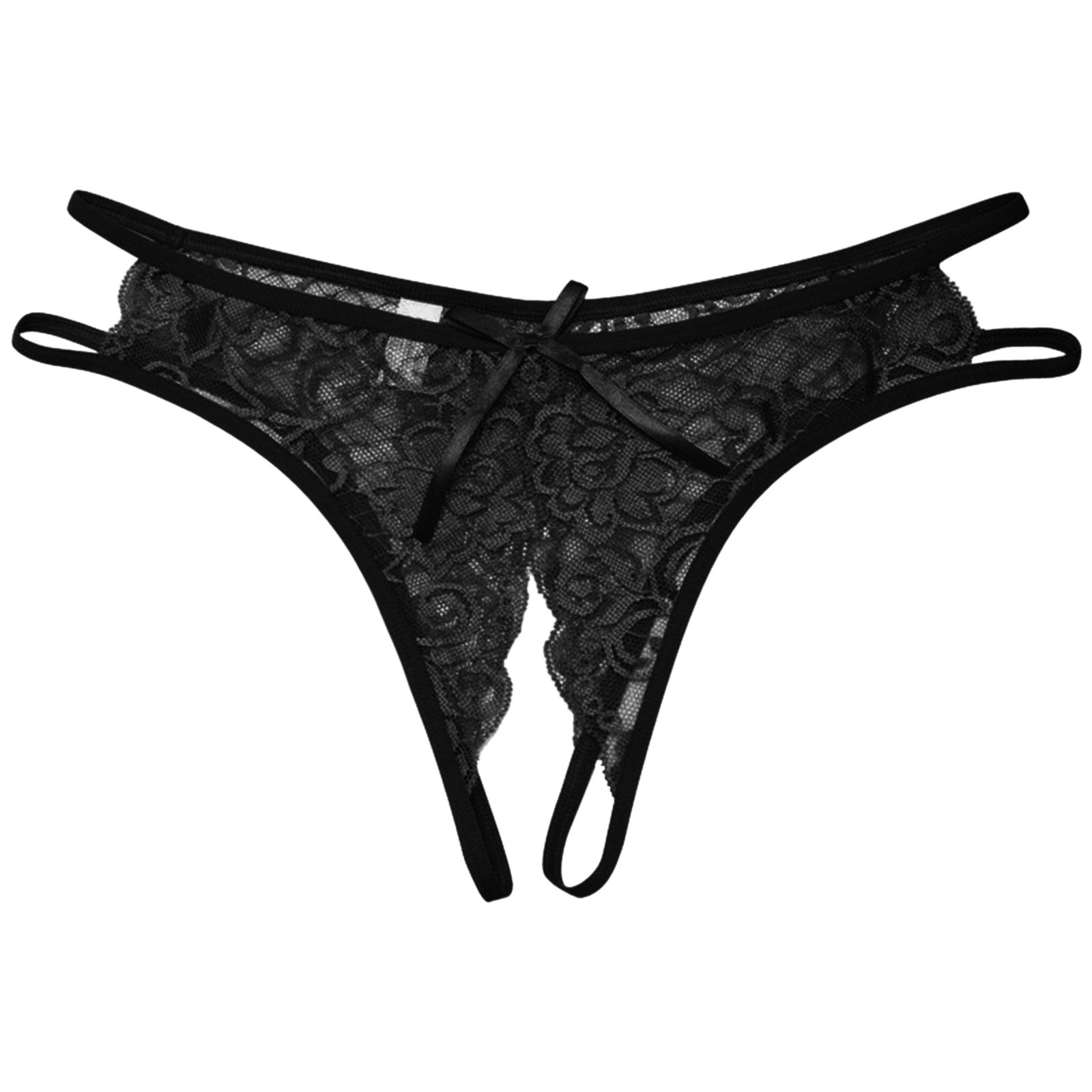 Women's Sexy Lace G-String Open Crotch Low Waist Thongs Embroidery Temptation T Back Solid Color Soft Lingerie For Ladies