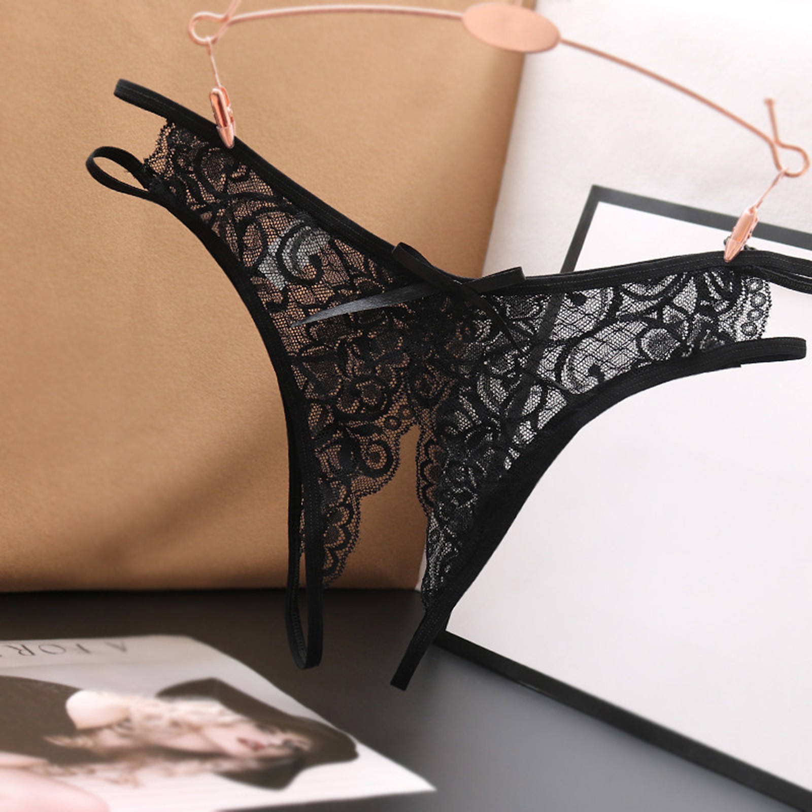 Women's Sexy Lace G-String Open Crotch Low Waist Thongs Embroidery Temptation T Back Solid Color Soft Lingerie For Ladies