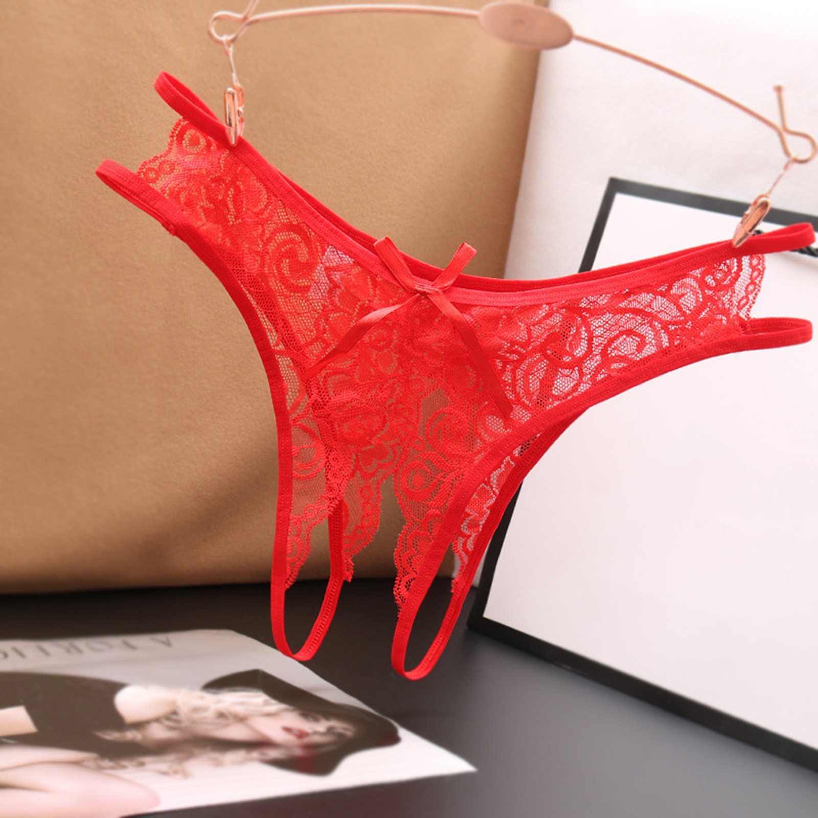 Women's Sexy Lace G-String Open Crotch Low Waist Thongs Embroidery Temptation T Back Solid Color Soft Lingerie For Ladies