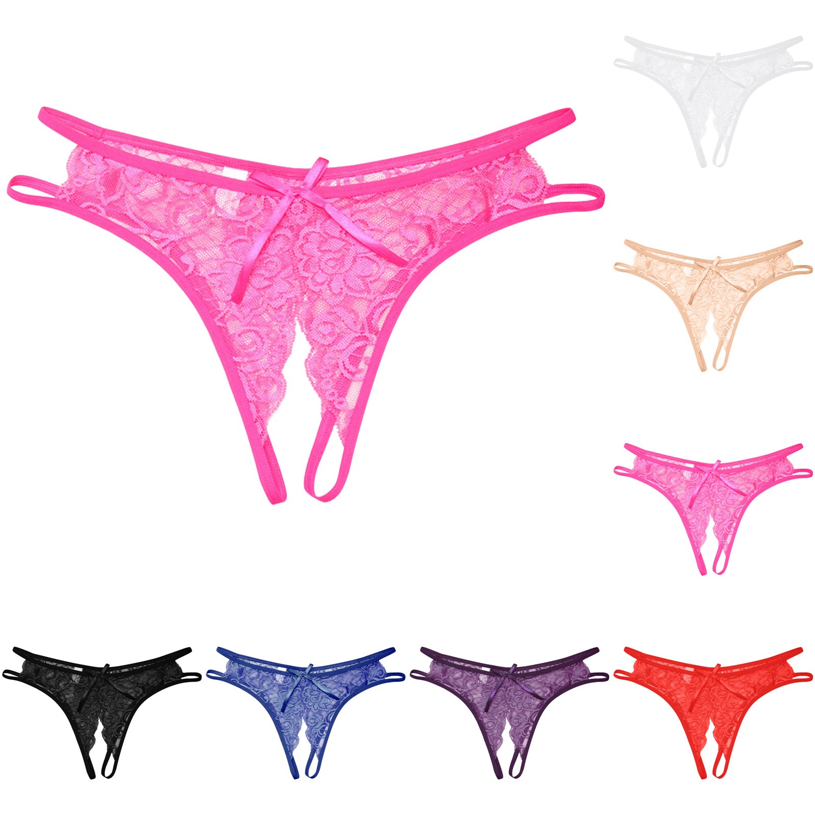 Women's Sexy Lace G-String Open Crotch Low Waist Thongs Embroidery Temptation T Back Solid Color Soft Lingerie For Ladies