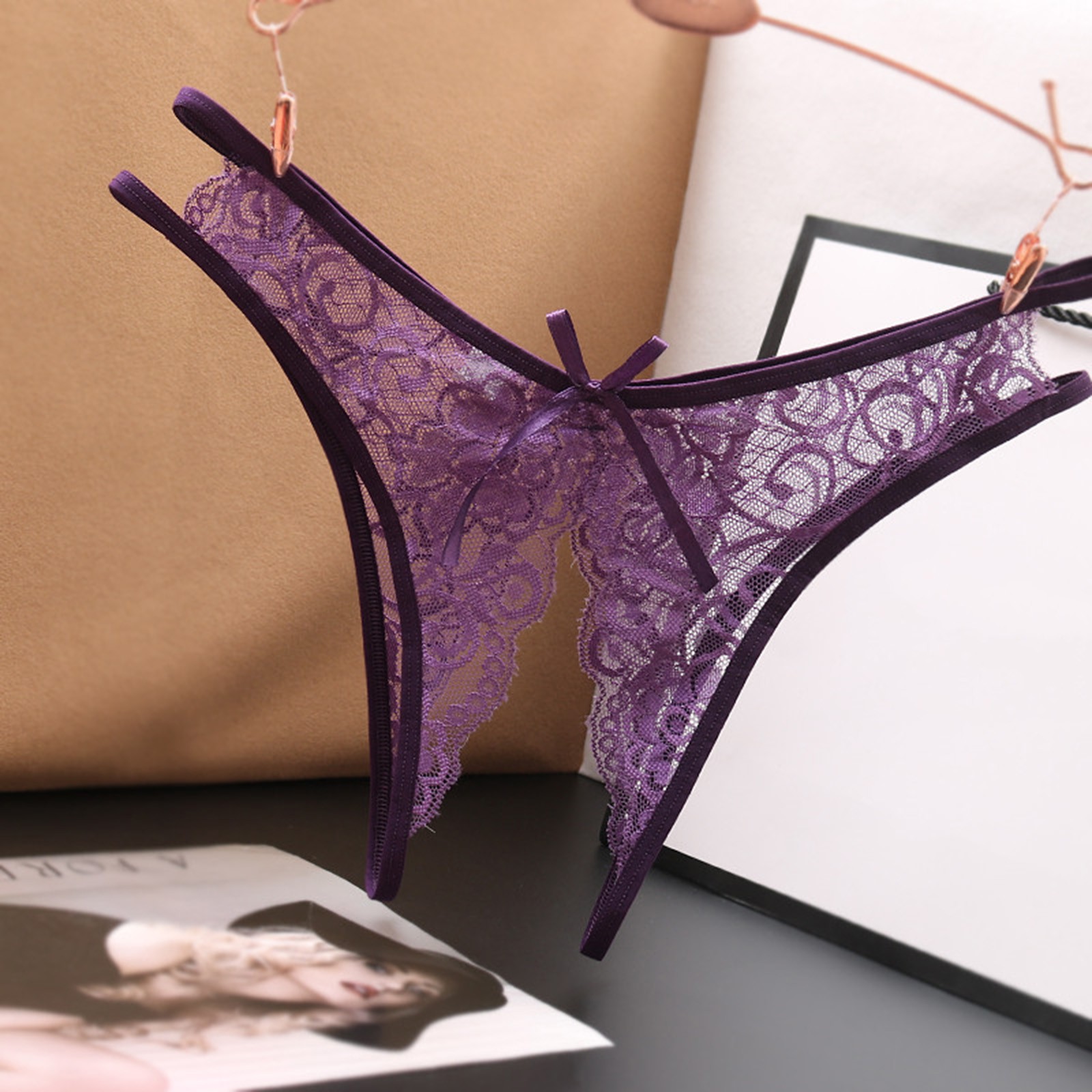 Women's Sexy Lace G-String Open Crotch Low Waist Thongs Embroidery Temptation T Back Solid Color Soft Lingerie For Ladies