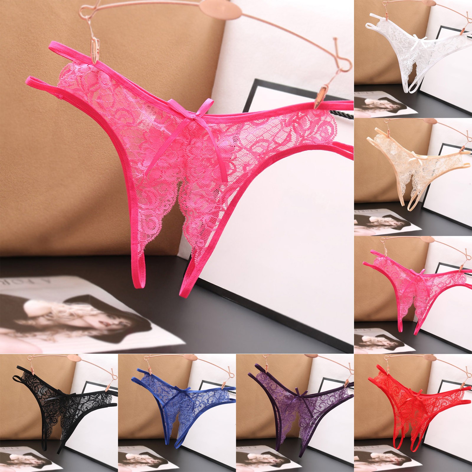 Women's Sexy Lace G-String Open Crotch Low Waist Thongs Embroidery Temptation T Back Solid Color Soft Lingerie For Ladies