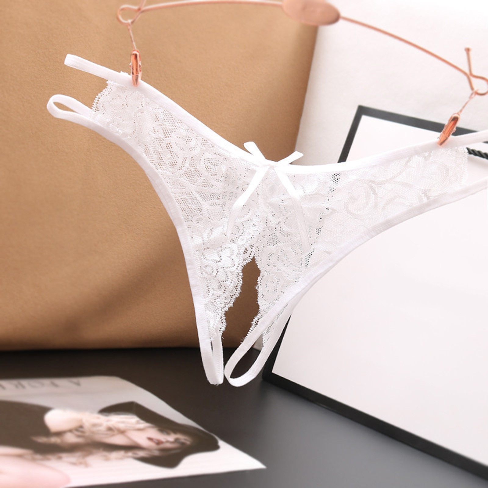 Women's Sexy Lace G-String Open Crotch Low Waist Thongs Embroidery Temptation T Back Solid Color Soft Lingerie For Ladies