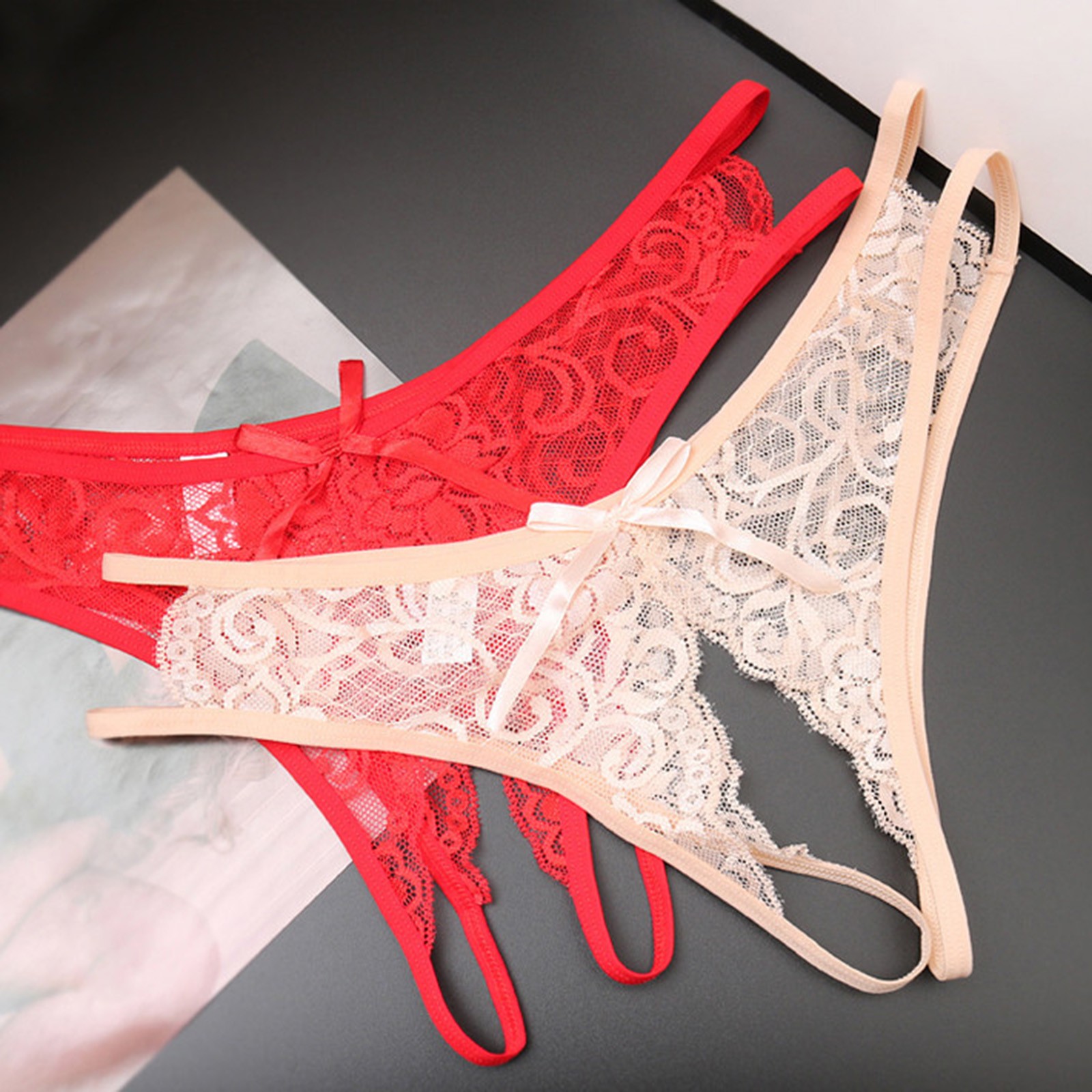 Women's Sexy Lace G-String Open Crotch Low Waist Thongs Embroidery Temptation T Back Solid Color Soft Lingerie For Ladies
