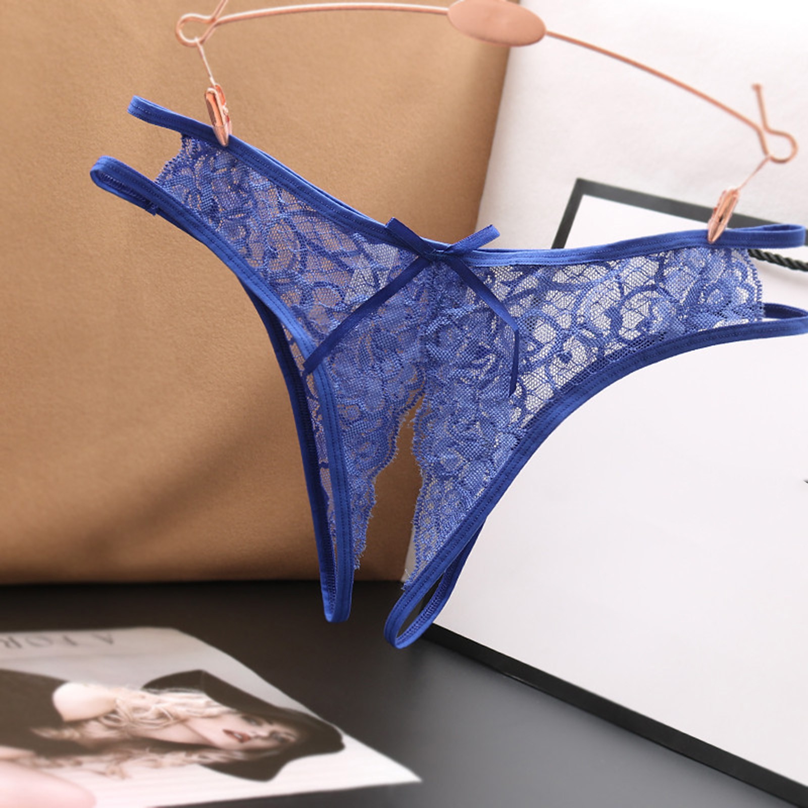 Women's Sexy Lace G-String Open Crotch Low Waist Thongs Embroidery Temptation T Back Solid Color Soft Lingerie For Ladies