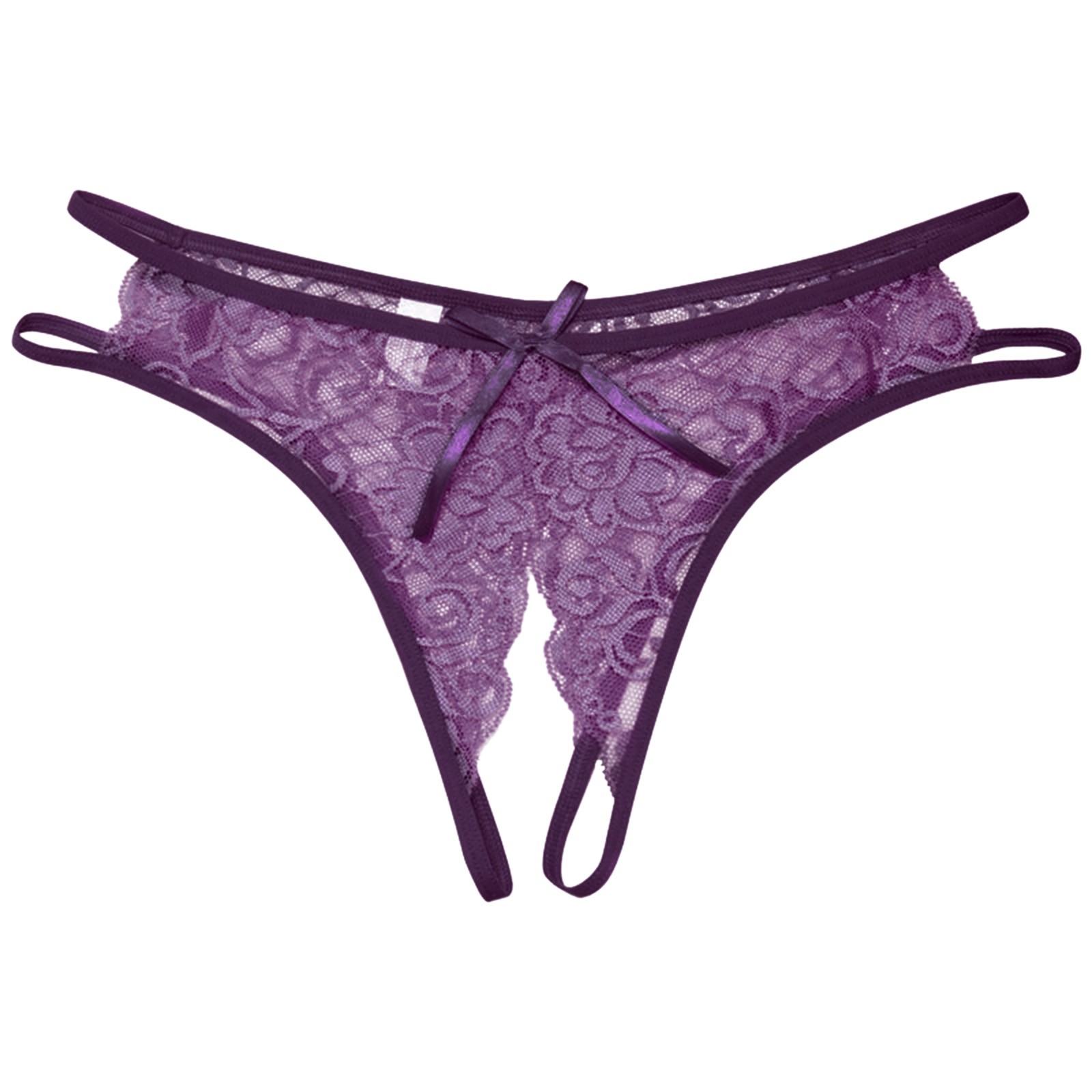 Women's Sexy Lace G-String Open Crotch Low Waist Thongs Embroidery Temptation T Back Solid Color Soft Lingerie For Ladies