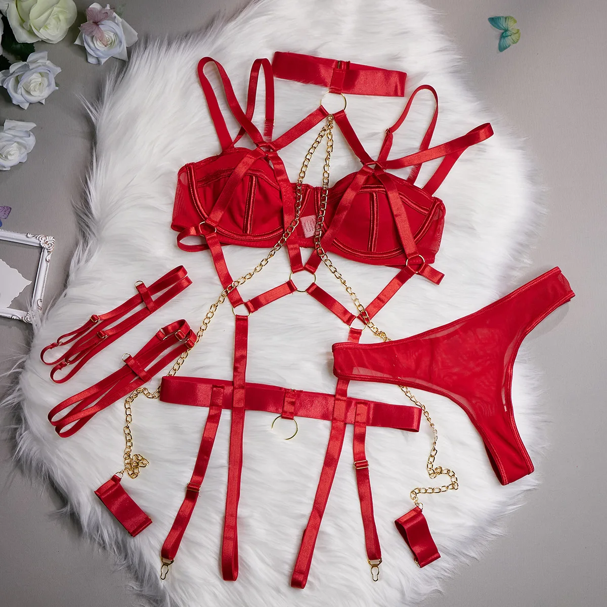 SINGREINY Female Fashion Erotic Bra& Briefs Suits Underwear Sensual Retro Lingerie Halter Sexy Nightclub Chain 4 Pieces Sets SINGREINY Female Fashion Erotic Bra& Briefs Suits Underwear Sensual Retro Lingerie Halter Sexy Nightclub Chain 4 Pieces Sets