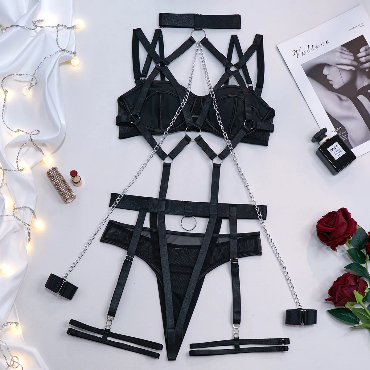 SINGREINY Female Fashion Erotic Bra& Briefs Suits Underwear Sensual Retro Lingerie Halter Sexy Nightclub Chain 4 Pieces Sets SINGREINY Female Fashion Erotic Bra& Briefs Suits Underwear Sensual Retro Lingerie Halter Sexy Nightclub Chain 4 Pieces Sets