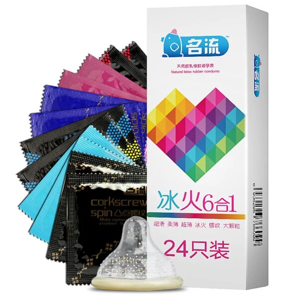 24pcs Multipack Condoms for Men Delay Ejaculation Ultra Thin Sensitive Dotted Ribbed Condom Mutual Climax Sexy Toys for Couples