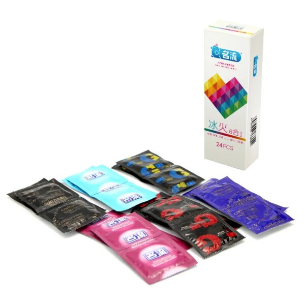 24pcs Multipack Condoms for Men Delay Ejaculation Ultra Thin Sensitive Dotted Ribbed Condom Mutual Climax Sexy Toys for Couples