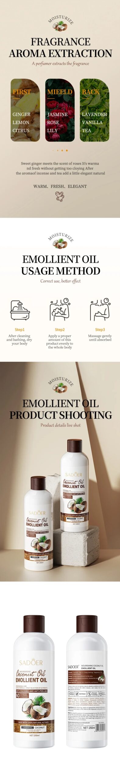 250ml Coconut  Sooth Dry Skin Lighten Fine Lines Face Massage Oil Nourishes Hair Removes Frizz Hair Care Oil Firming Body Oil