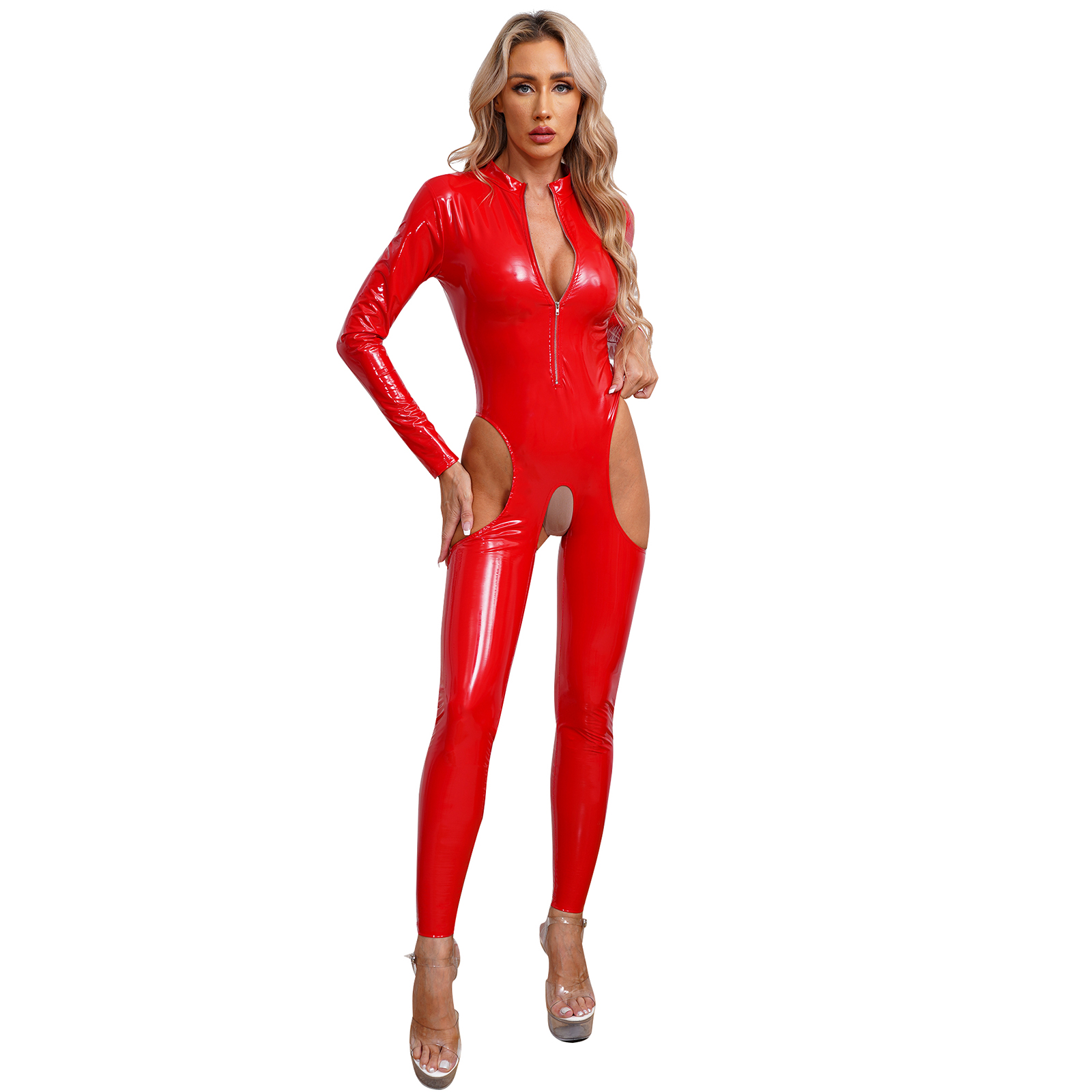 Women Sexy Hollow Out Latex Catsuit Leather Porn Open Crotch Party Costume Lingerie Full Bodysuit Night Rave Clubwear Overalls