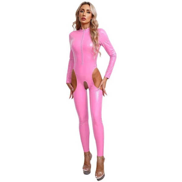 Women Sexy Hollow Out Latex Catsuit Leather Porn Open Crotch Party Costume Lingerie Full Bodysuit Night Rave Clubwear Overalls