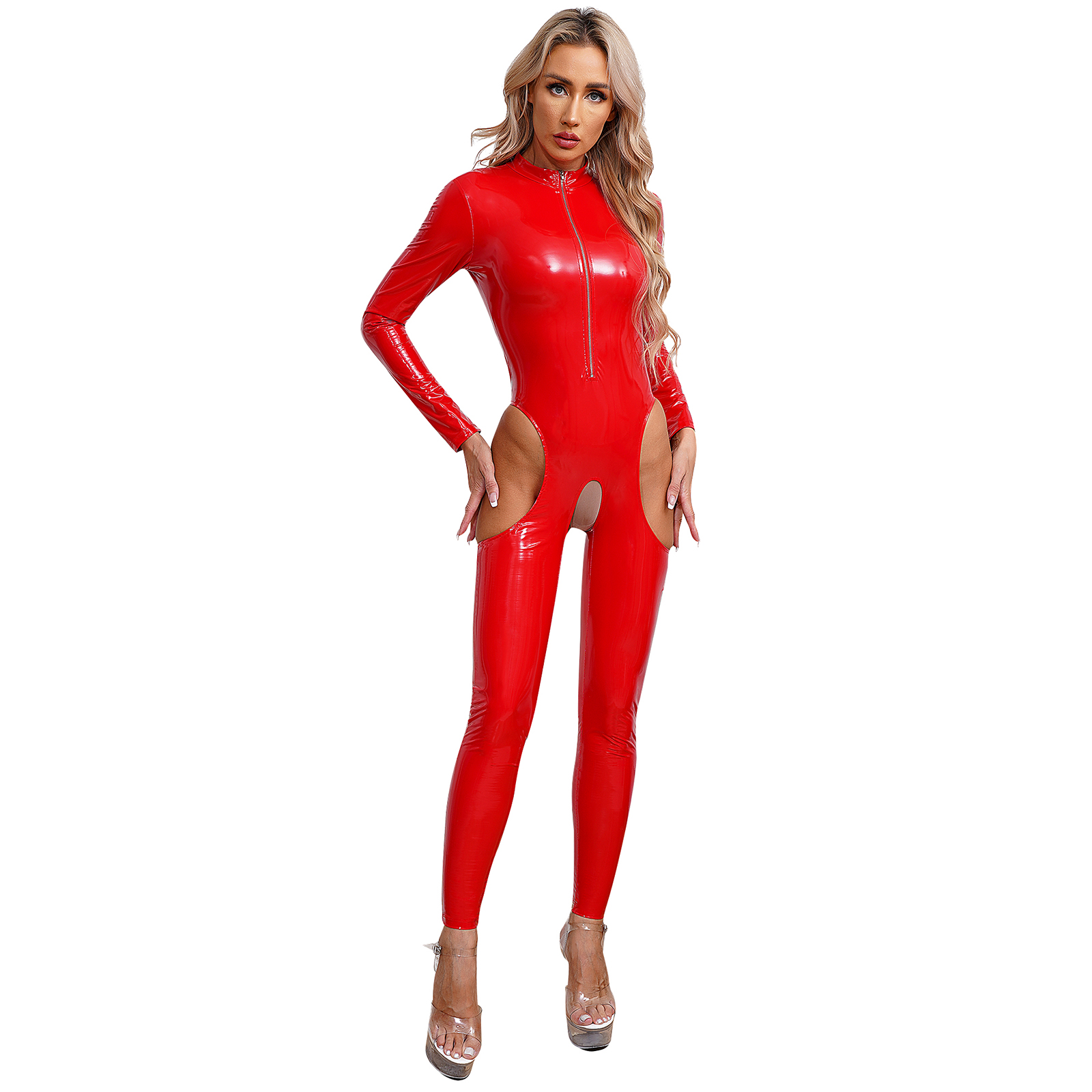 Women Sexy Hollow Out Latex Catsuit Leather Porn Open Crotch Party Costume Lingerie Full Bodysuit Night Rave Clubwear Overalls