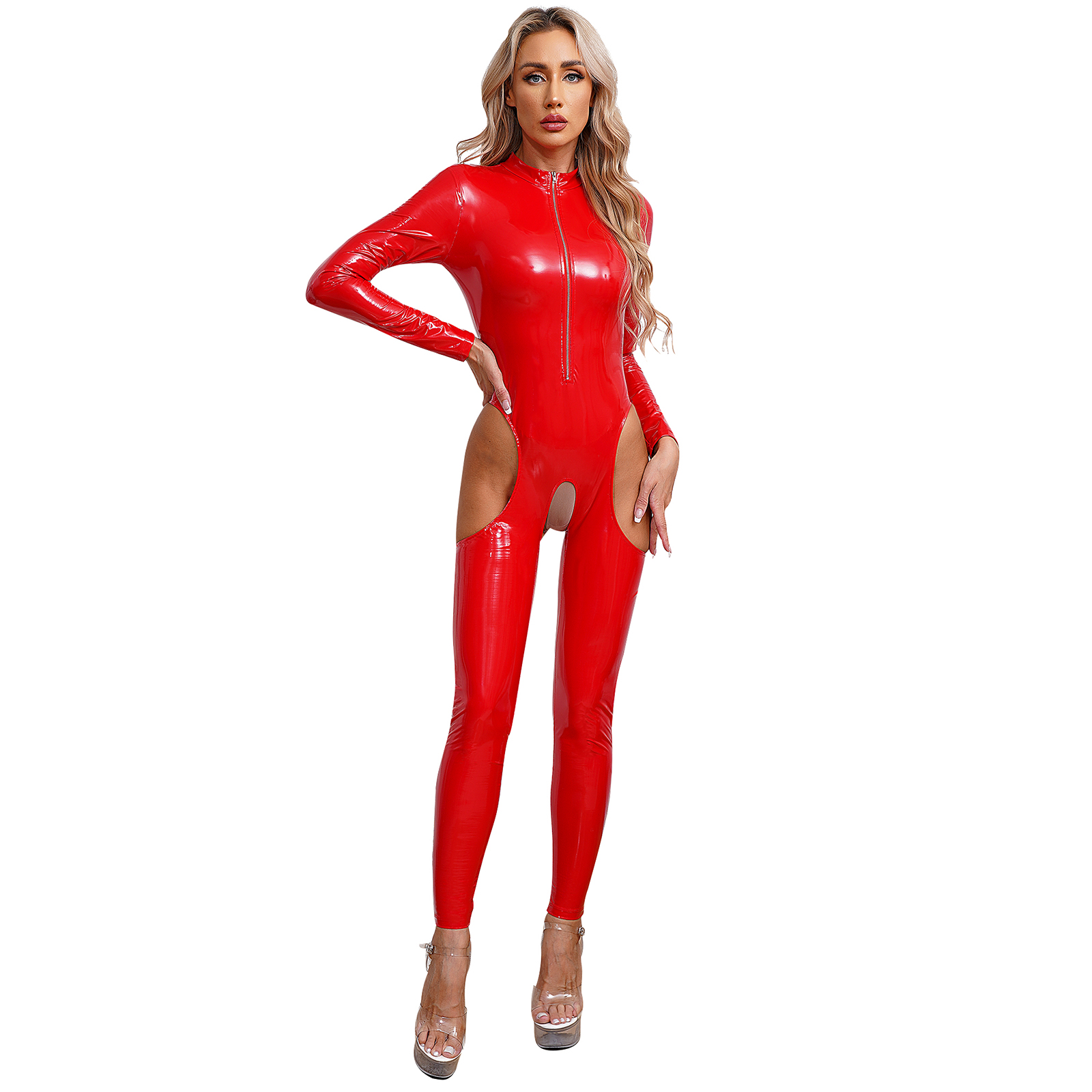 Women Sexy Hollow Out Latex Catsuit Leather Porn Open Crotch Party Costume Lingerie Full Bodysuit Night Rave Clubwear Overalls