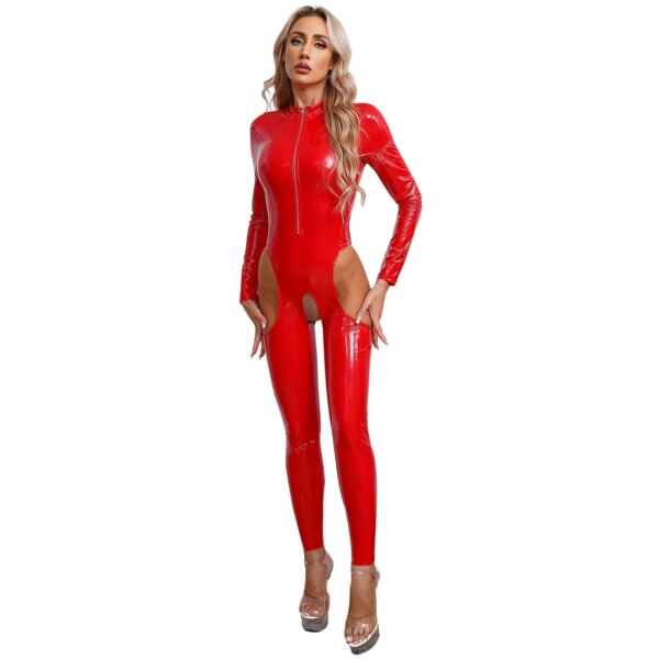 Women Sexy Hollow Out Latex Catsuit Leather Porn Open Crotch Party Costume Lingerie Full Bodysuit Night Rave Clubwear Overalls