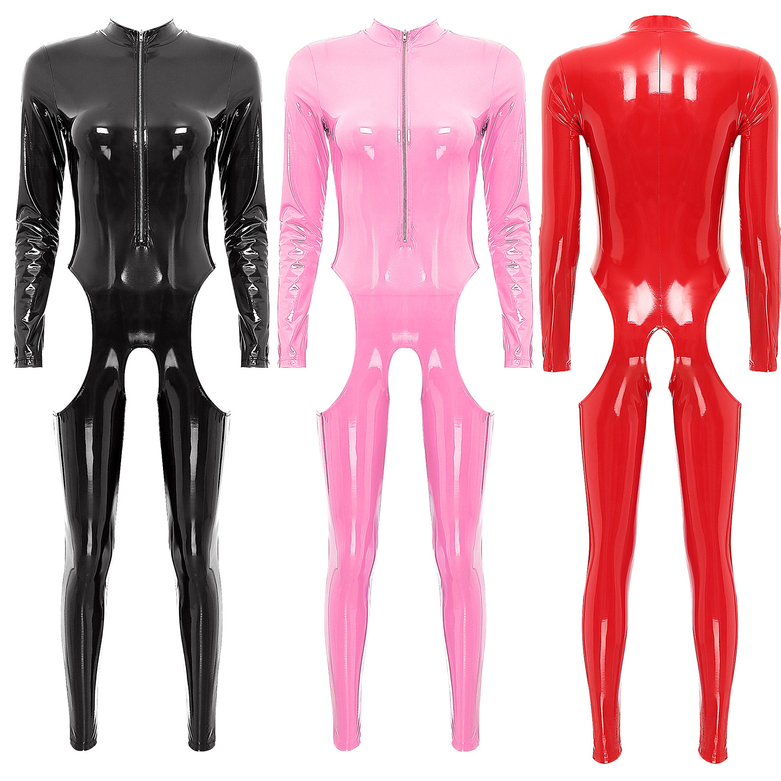 Women Sexy Hollow Out Latex Catsuit Leather Porn Open Crotch Party Costume Lingerie Full Bodysuit Night Rave Clubwear Overalls