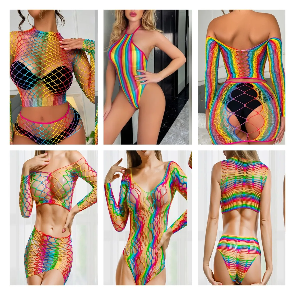 Hot Sexy Lingerie Women Beach Rainbow Colors Underwear Summer Swim Party Body Suit Exotic Dresses Fishnet Sleepwear